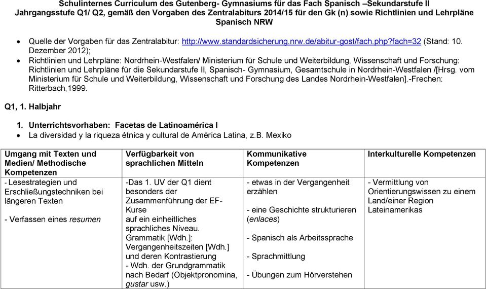 Dezember 2012); Richtlinien und Lehrpläne: Nordrhein-Westfalen/ Ministerium für Schule und Weiterbildung, Wissenschaft und Forschung: Richtlinien und Lehrpläne für die Sekundarstufe II, Spanisch-