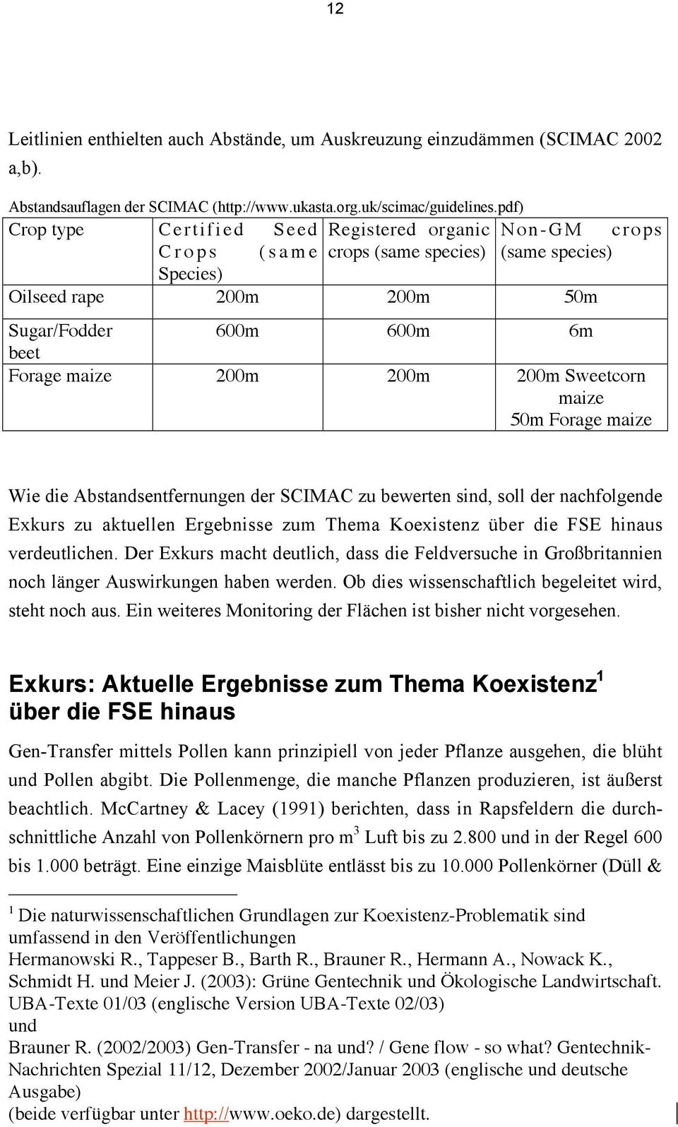 200m Sweetcorn maize 50m Forage maize Wie die Abstandsentfernungen der SCIMAC zu bewerten sind, soll der nachfolgende Exkurs zu aktuellen Ergebnisse zum Thema Koexistenz über die FSE hinaus