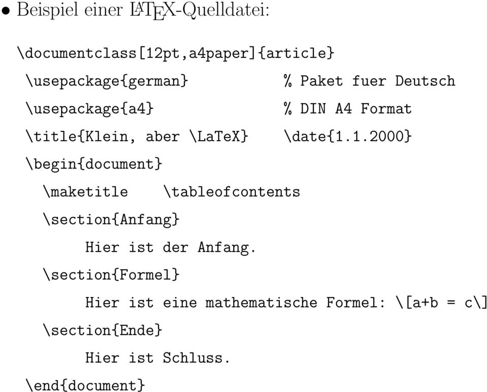 1.2000} \begin{document} \maketitle \tableofcontents \section{anfang} Hier ist der Anfang.