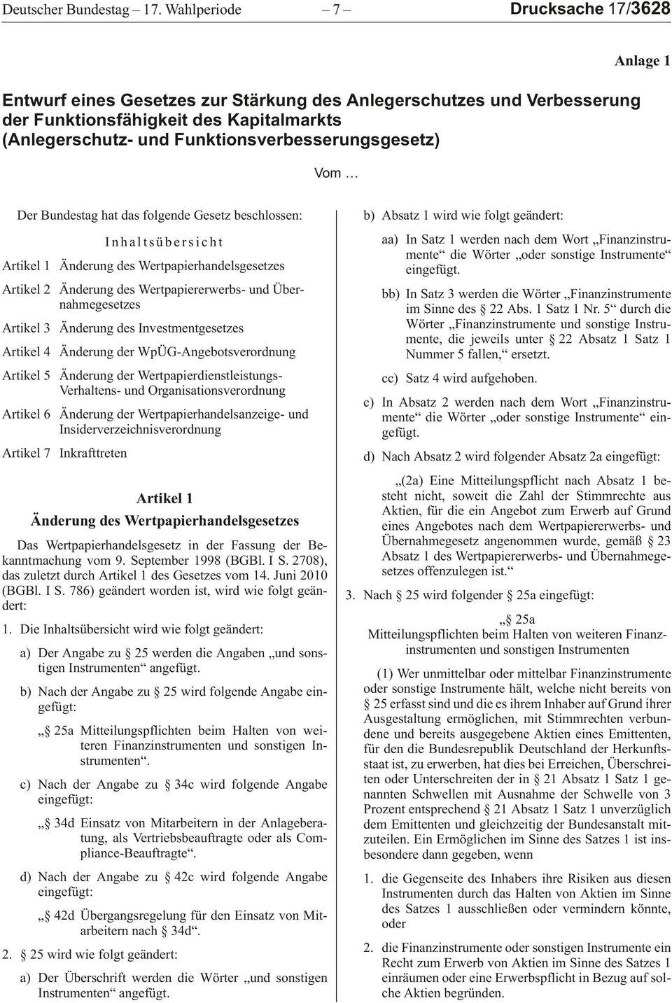 Vom Anlage 1 Der Bundestag hat das folgende Gesetz beschlossen: Inhaltsübersicht Artikel 1 Änderung des Wertpapierhandelsgesetzes Artikel 2 Änderung des Wertpapiererwerbs- und Übernahmegesetzes