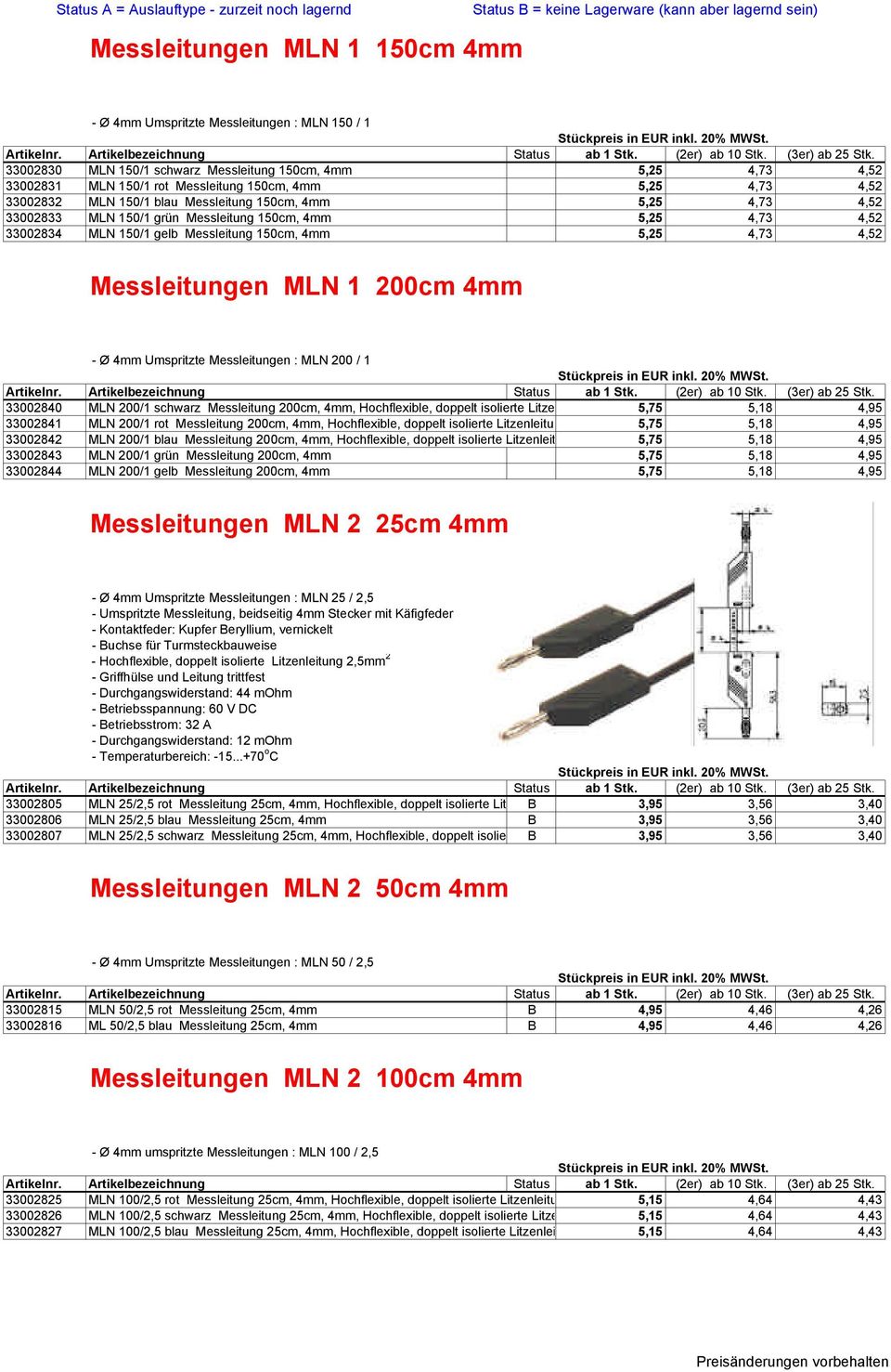 Messleitungen MLN 1 200cm 4mm - Ø 4mm Umspritzte Messleitungen : MLN 200 / 1 33002840 MLN 200/1 schwarz Messleitung 200cm, 4mm, Hochflexible, doppelt isolierte Litzenleitung 1 mm²,16a, 5,75