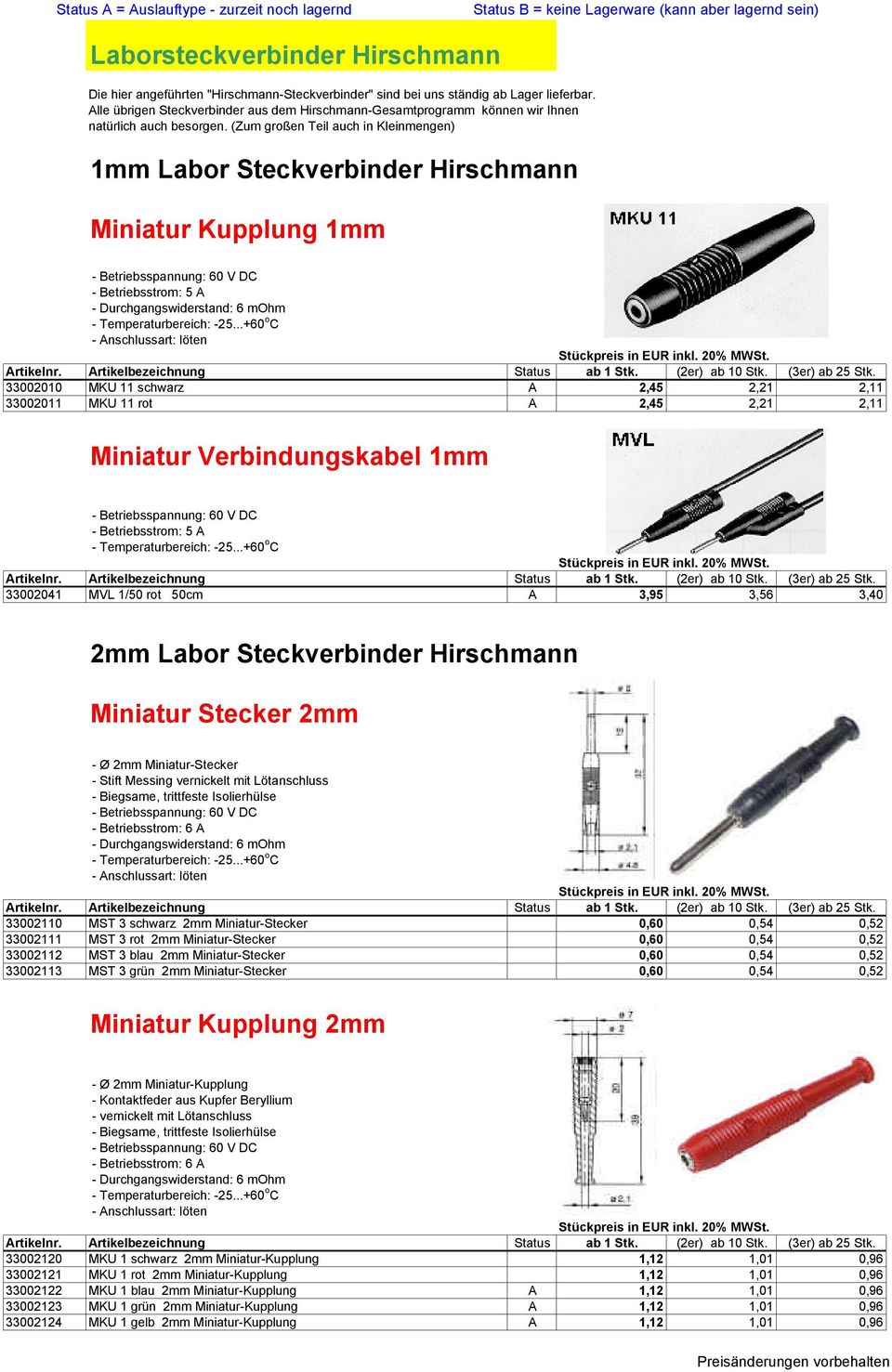 (Zum großen Teil auch in Kleinmengen) 1mm Labor Steckverbinder Hirschmann Miniatur Kupplung 1mm - Betriebsstrom: 5 A - Durchgangswiderstand: 6 mohm - Temperaturbereich: -25.