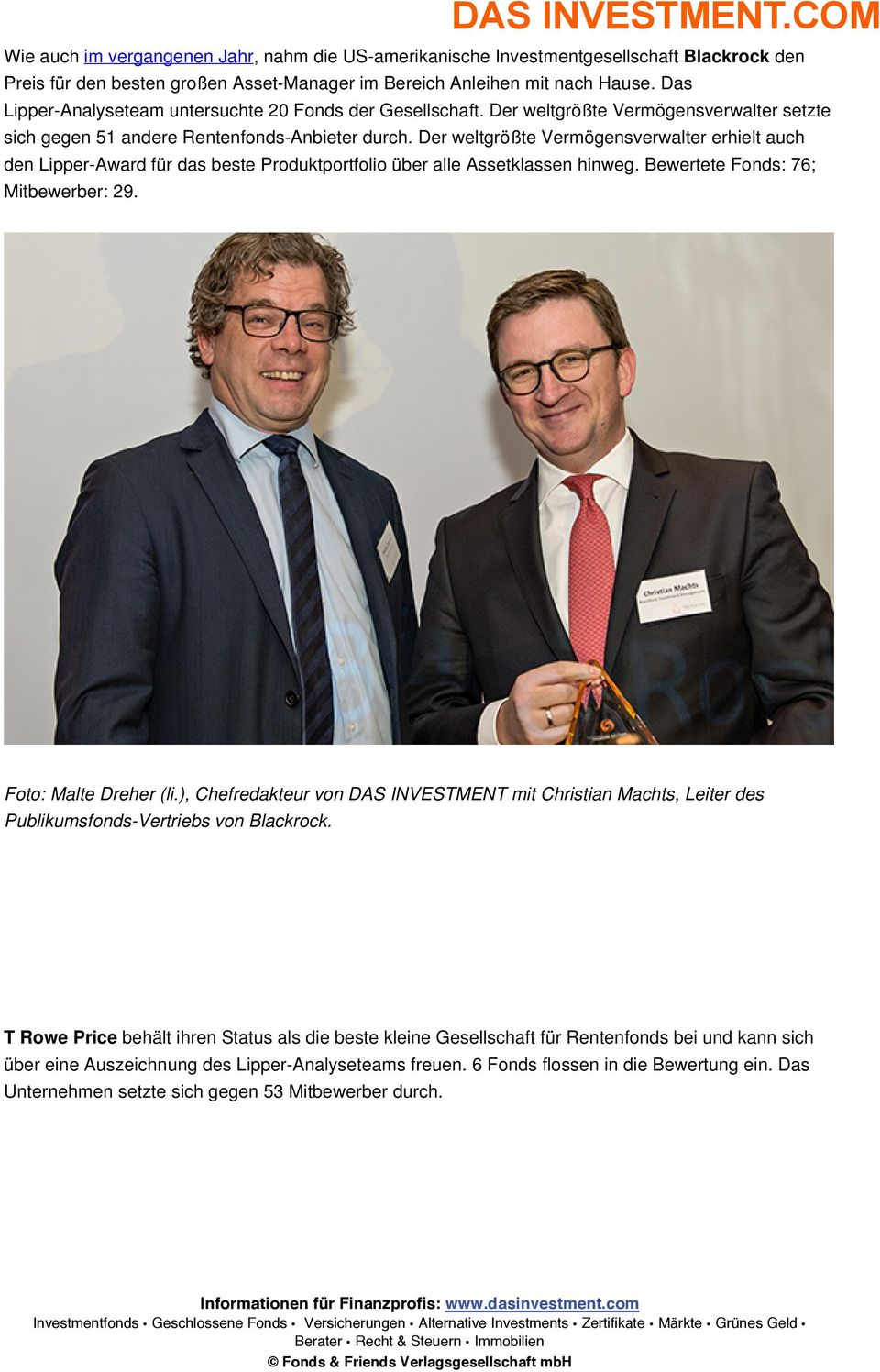 Der weltgrößte Vermögensverwalter erhielt auch den Lipper-Award für das beste Produktportfolio über alle Assetklassen hinweg. Bewertete Fonds: 76; Mitbewerber: 29. Foto: Malte Dreher (li.