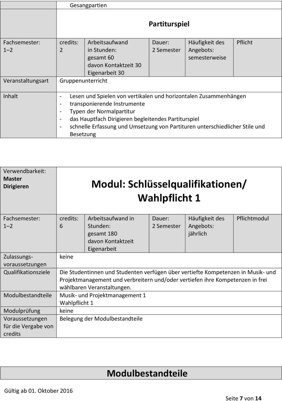 Master Dirigieren Modul: Schlüsselqualifikationen/ Wahlpflicht 1 Zulassungsvoraussetzungen Qualifikationsziele 6 keine in gesamt 180 davon Kontaktzeit Eigenarbeit modul Die Studentinnen und Studenten