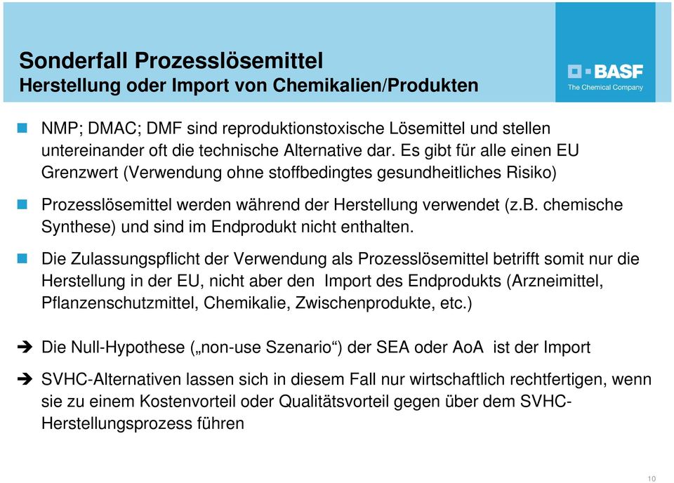 Die Zulassungspflicht der Verwendung als Prozesslösemittel betrifft somit nur die Herstellung in der EU, nicht aber den Import des Endprodukts (Arzneimittel, Pflanzenschutzmittel, Chemikalie,