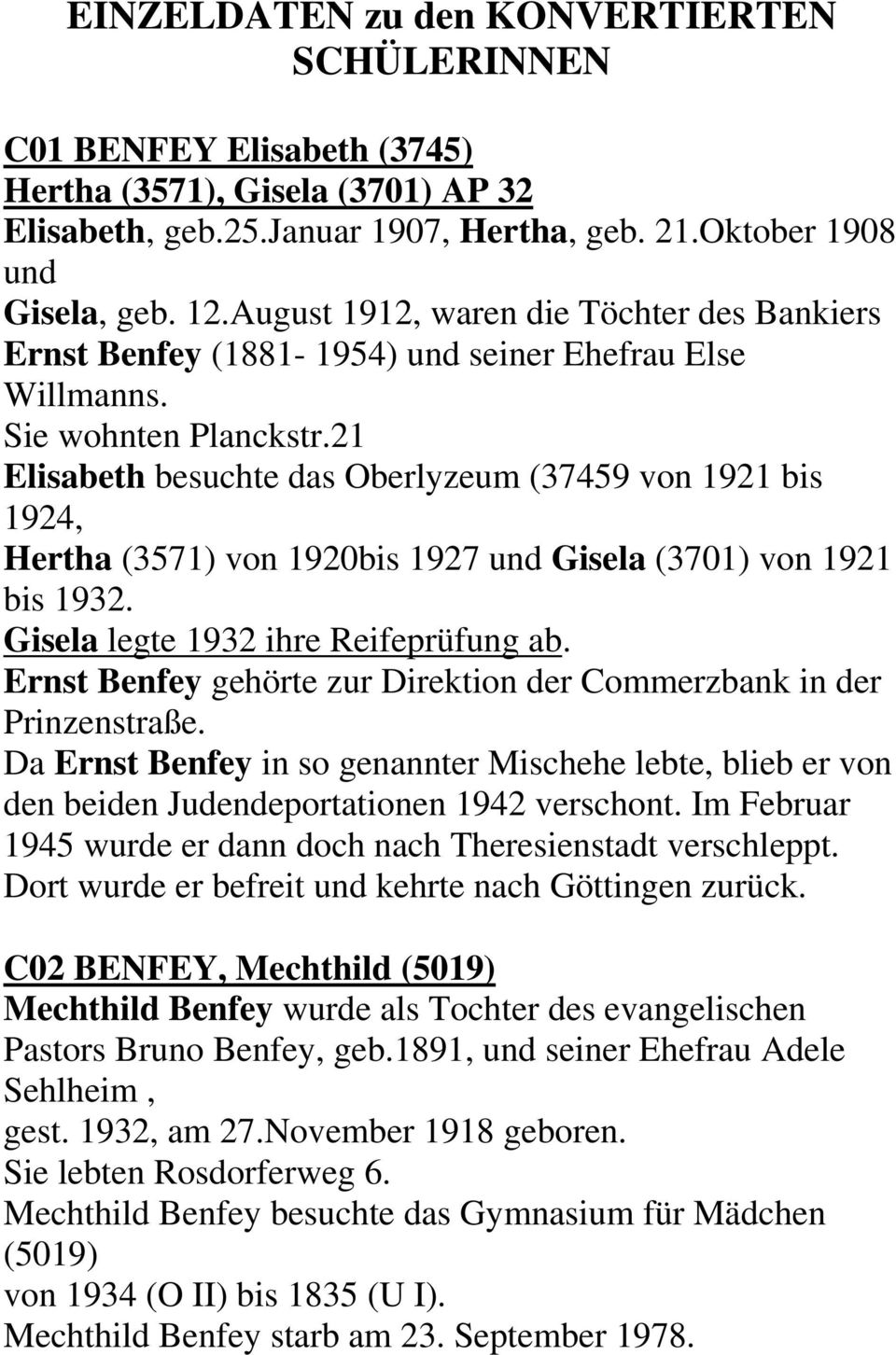 21 Elisabeth besuchte das Oberlyzeum (37459 von 1921 bis 1924, Hertha (3571) von 1920bis 1927 und Gisela (3701) von 1921 bis 1932. Gisela legte 1932 ihre Reifeprüfung ab.