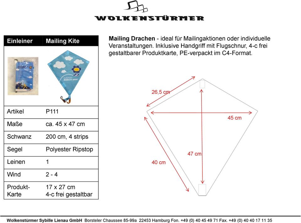 Inklusive Handgriff mit Flugschnur, 4-c frei gestaltbarer Produktkarte, PE-verpackt im