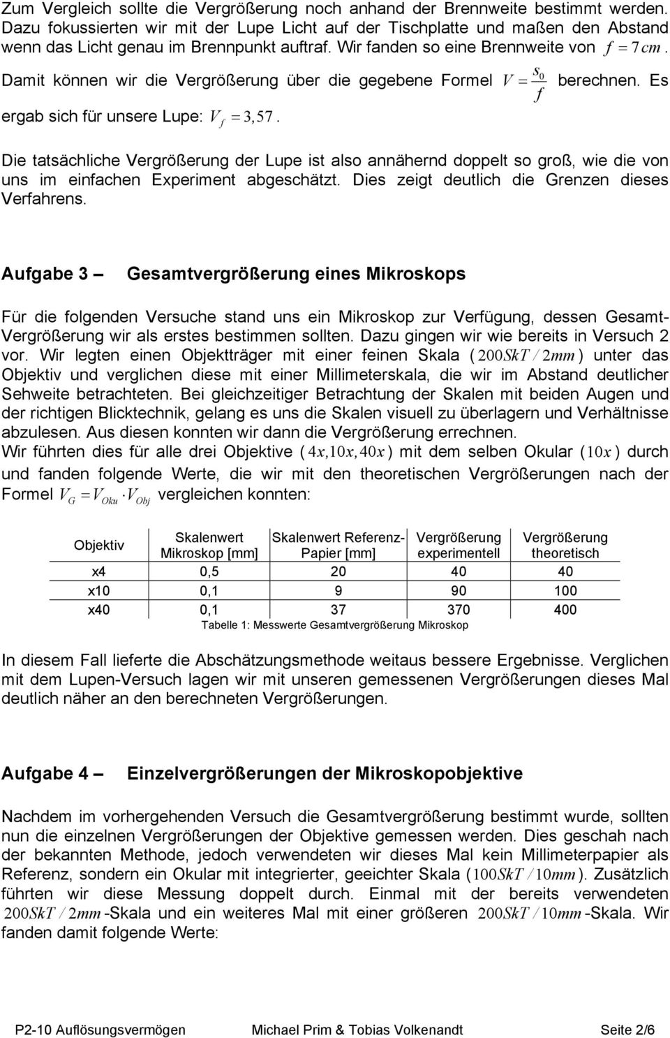 der Lupe ist also annähernd doppelt so groß, wie die von uns im einfachen Experiment abgeschätzt Dies zeigt deutlich die Grenzen dieses Verfahrens Aufgabe 3 Gesamtvergrößerung eines Mikroskops Für