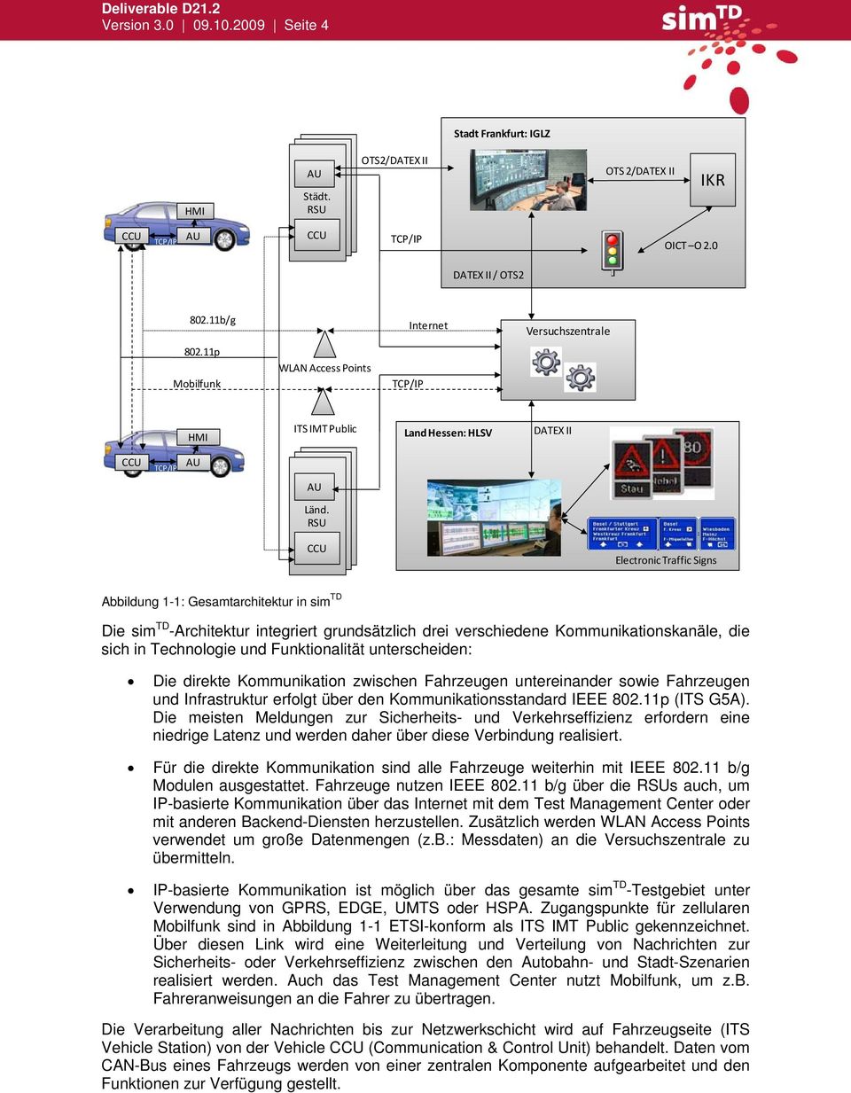 RSU CCU Electronic Traffic Signs Abbildung 1-1: Gesamtarchitektur in sim TD Die sim TD -Architektur integriert grundsätzlich drei verschiedene Kommunikationskanäle, die sich in Technologie und