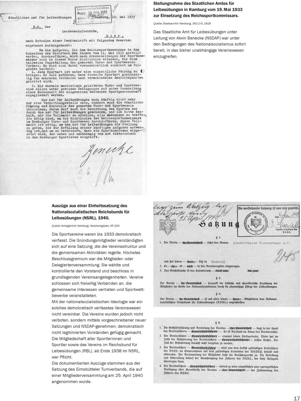 bisher unabhängige Vereinswesen einzugreifen. Auszüge aus einer Einheitssatzung des National sozialistischen Reichsbunds für Leibes übungen (NSRL), 1940.