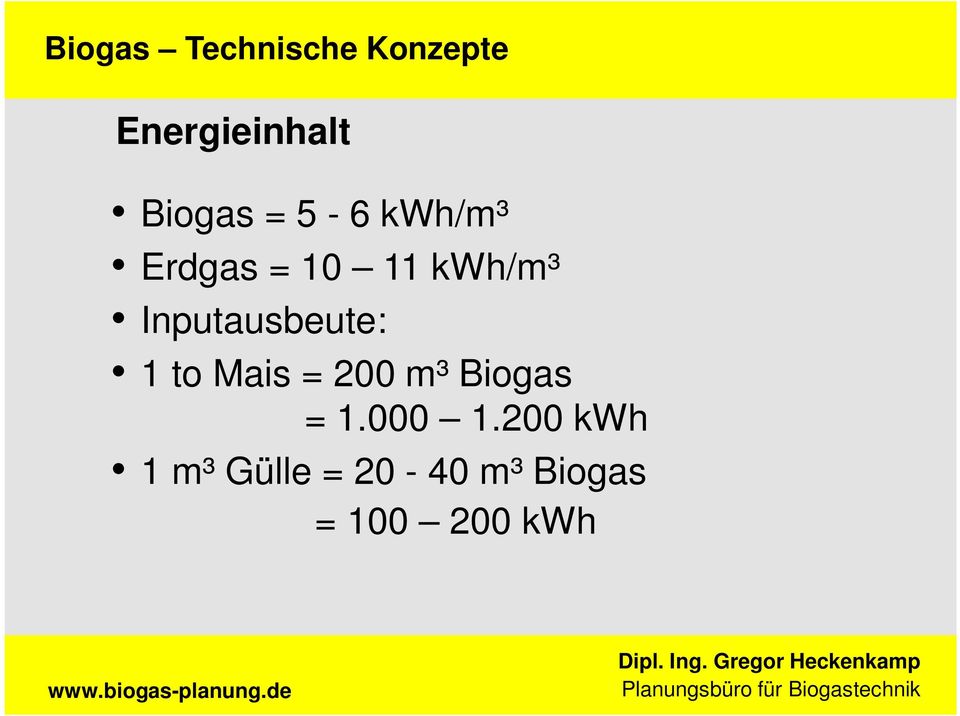 to Mais = 200 m³ Biogas = 1.000 1.