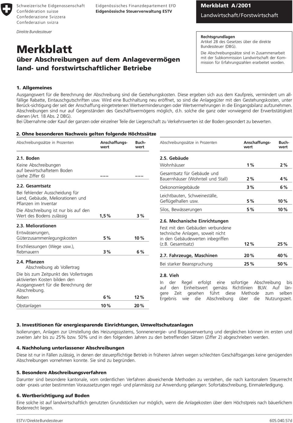 direkte Bundessteuer (DBG). Die Abschreibungssätze sind in Zusammenarbeit mit der Subkommission Landwirtschaft der Kommission für Erfahrungszahlen erarbeitet worden. 1.