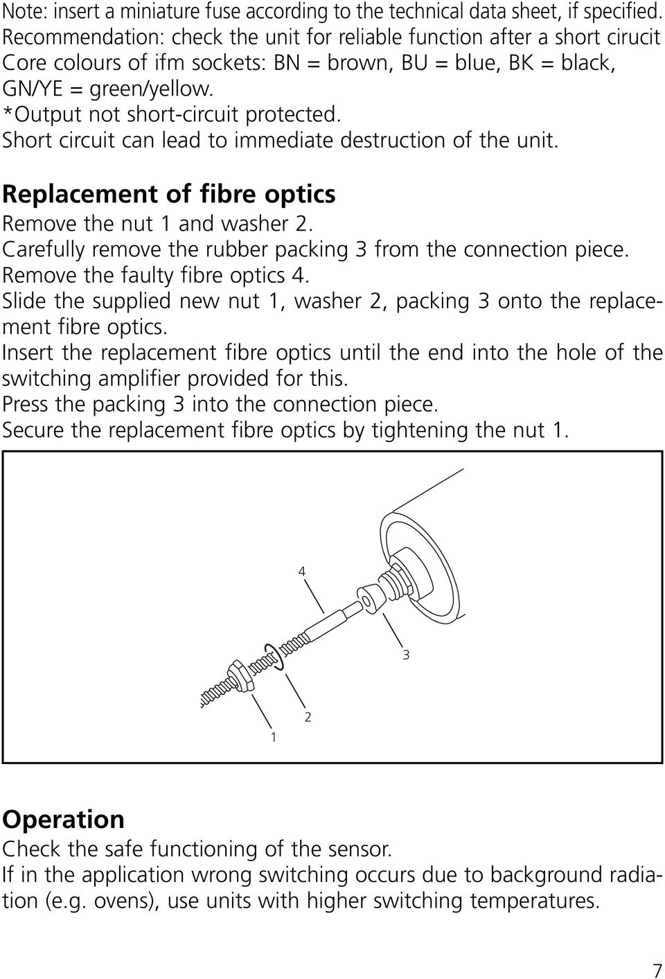 Short circuit can lead to immediate destruction of the unit. Replacement of fibre optics Remove the nut and washer. Carefully remove the rubber packing from the connection piece.