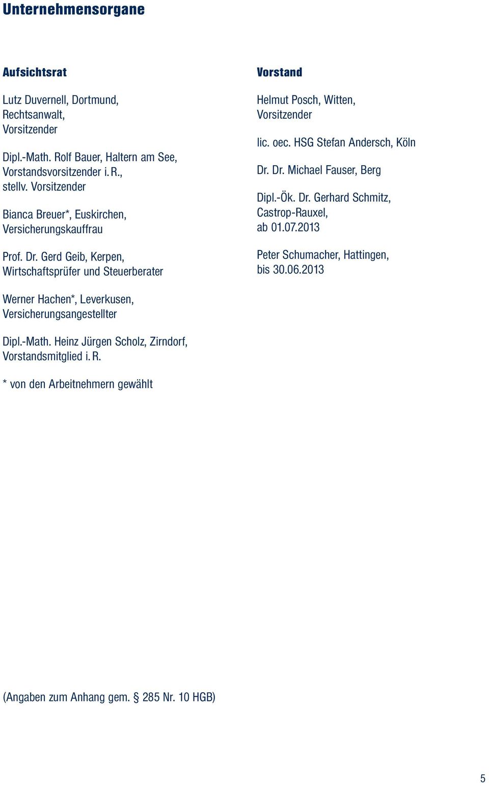 Gerd Geib, Kerpen, Wirtschaftsprüfer und Steuerberater Vorstand Helmut Posch, Witten, Vorsitzender lic. oec. HSG Stefan Andersch, Köln Dr. Dr. Michael Fauser, Berg Dipl.-Ök.