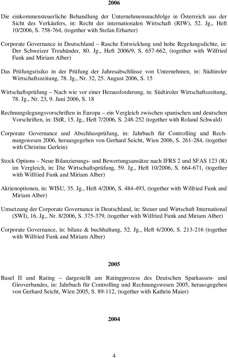 657-662, (together with Wilfried Funk and Miriam Alber) Das Prüfungsrisiko in der Prüfung der Jahresabschlüsse von Unternehmen, in: Südtiroler Wirtschaftszeitung, 78. Jg., Nr. 32, 25. August 2006, S.