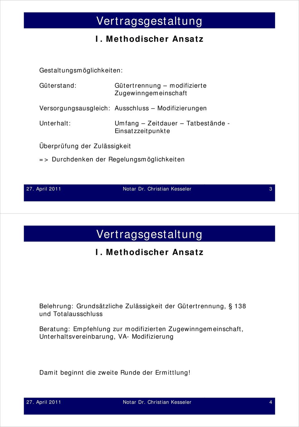 Christian Kesseler 3 Belehrung: Grundsätzliche Zulässigkeit der Gütertrennung, 138 und Totalausschluss Beratung: Empfehlung zur modifizierten
