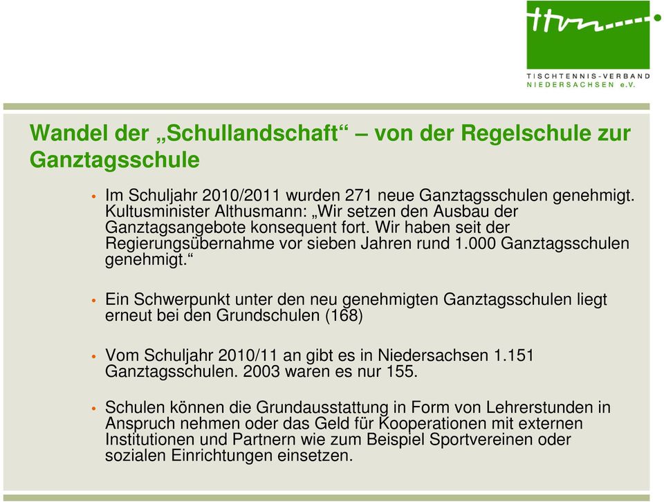 Ein Schwerpunkt unter den neu genehmigten Ganztagsschulen liegt erneut bei den Grundschulen (168) Vom Schuljahr 2010/11 an gibt es in Niedersachsen 1.151 Ganztagsschulen.