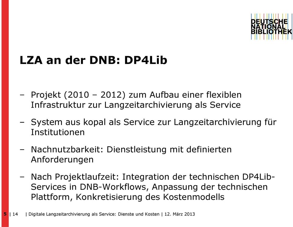 Anforderungen Nach Projektlaufzeit: Integration der technischen DP4Lib- Services in DNB-Workflows, Anpassung der