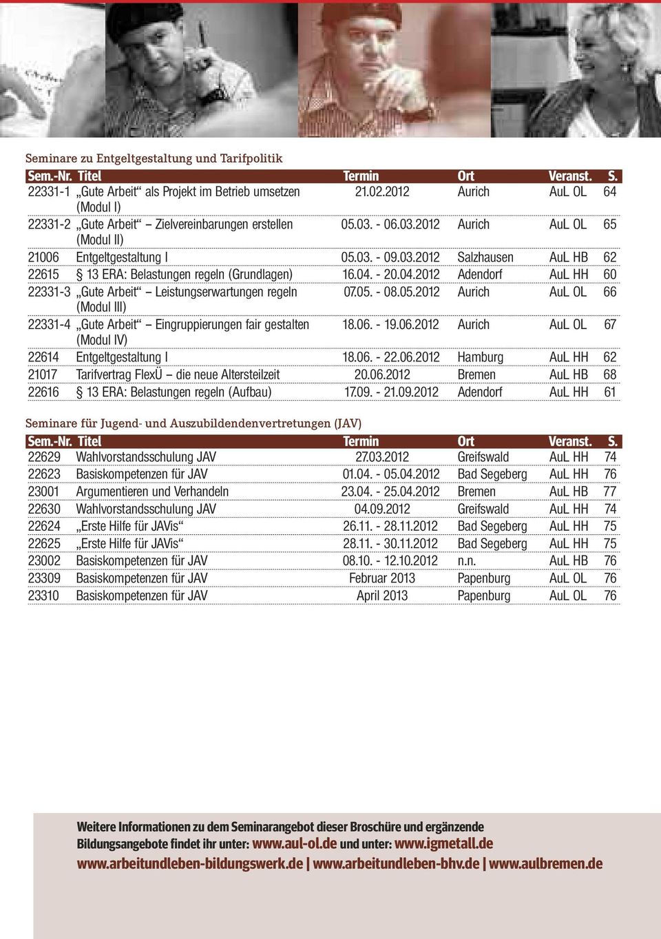 - 20.04.2012 Adendorf AuL HH 60 22331-3 Gute Arbeit Leistungserwartungen regeln 07.05. - 08.05.2012 Aurich AuL OL 66 (Modul III) 22331-4 Gute Arbeit Eingruppierungen fair gestalten 18.06.