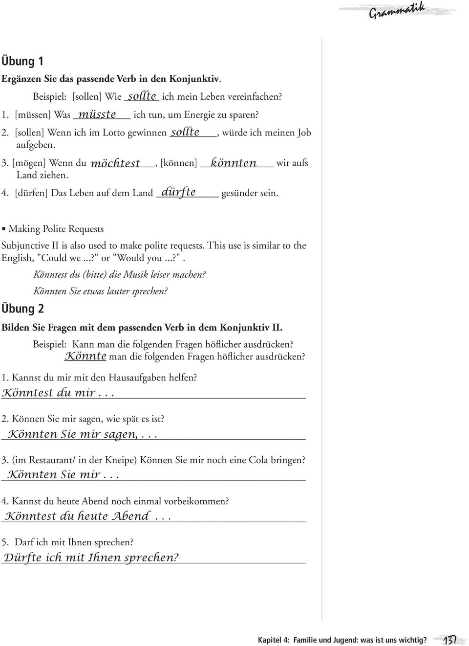 Making Polite Requests Subjunctive II is also used to make polite requests. This use is similar to the English, "Could we...?" or "Would you...?". Übung 2 Könntest du (bitte) die Musik leiser machen?