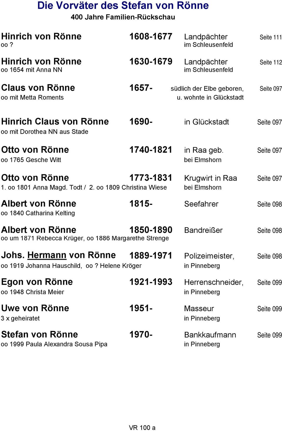 wohnte in Glückstadt Hinrich Claus von Rönne 1690- in Glückstadt Seite 097 oo mit Dorothea NN aus Stade Otto von Rönne 1740-1821 in Raa geb.