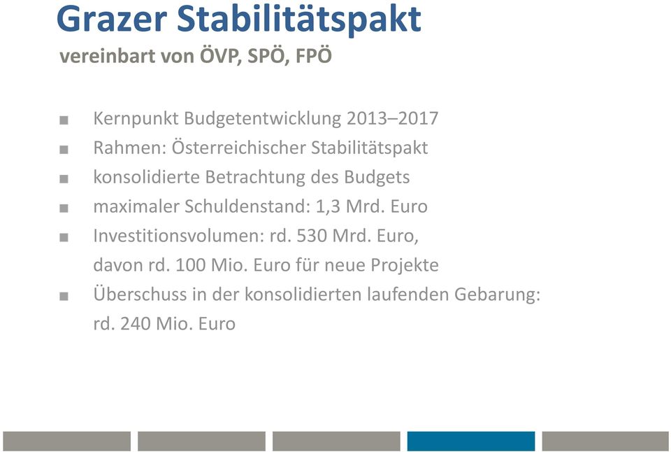 Schuldenstand: 1,3 Mrd. Euro Investitionsvolumen: rd. 530 Mrd. Euro, davon rd. 100 Mio.