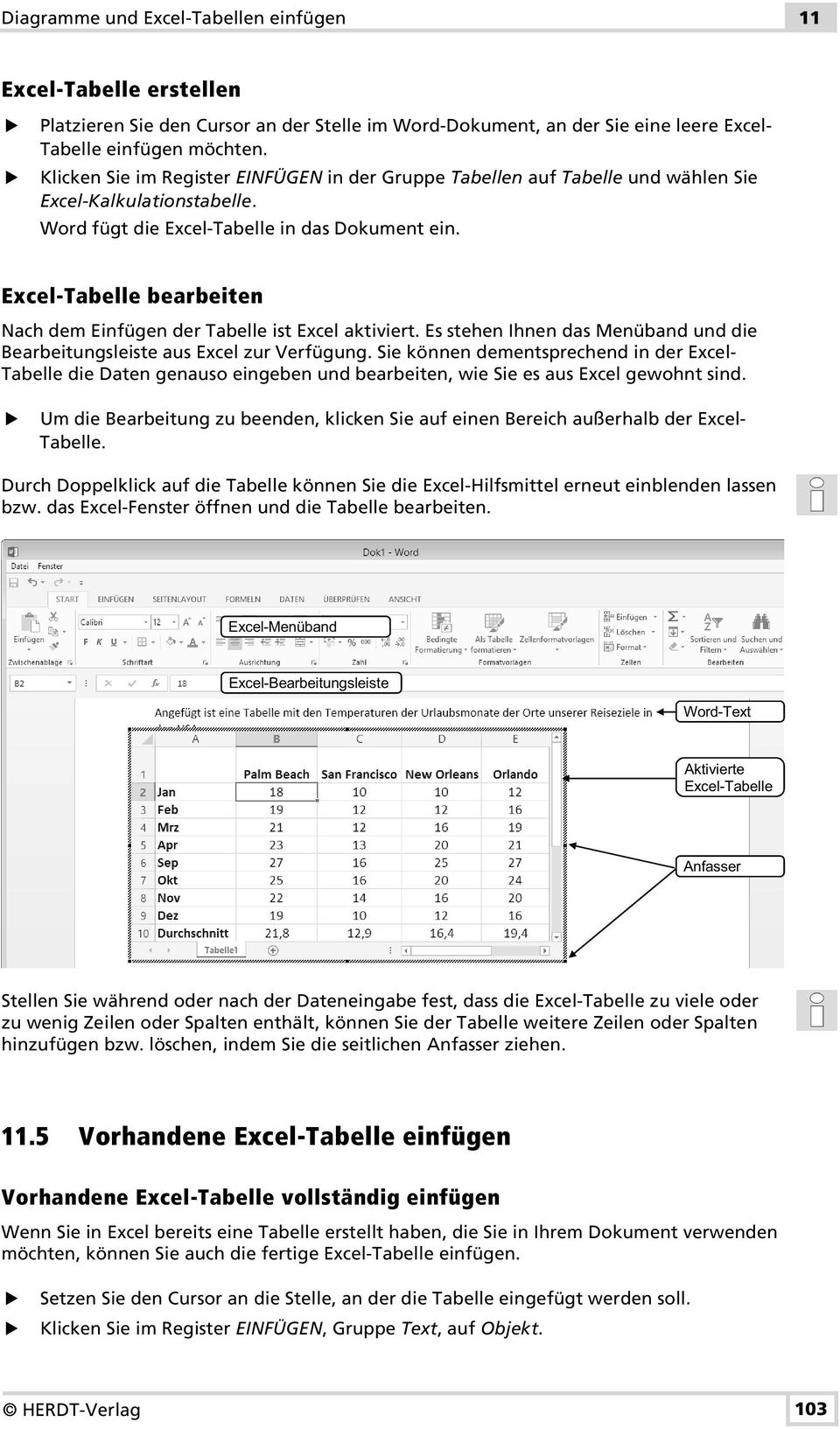 Excel-Tabelle bearbeiten Nach dem Einfügen der Tabelle ist Excel aktiviert. Es stehen Ihnen das Menüband und die Bearbeitungsleiste aus Excel zur Verfügung.