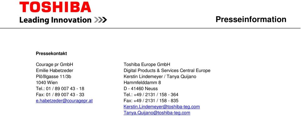 at Toshiba Europe GmbH Digital Products & Services Central Europe Kerstin Lindemeyer / Tanya Quijano