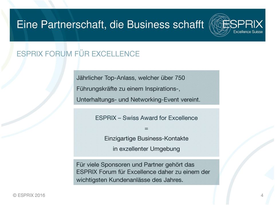 ESPRIX Swiss Award for Excellence = Einzigartige Business-Kontakte in exzellenter Umgebung Für