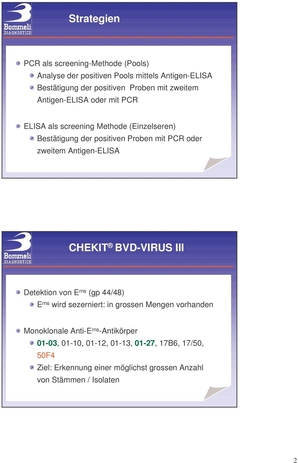 Antigen-ELISA CHEKIT BVD-VIRUS III Detektion von E rns (gp 44/48) E rns wird sezerniert: in grossen Mengen vorhanden Monoklonale