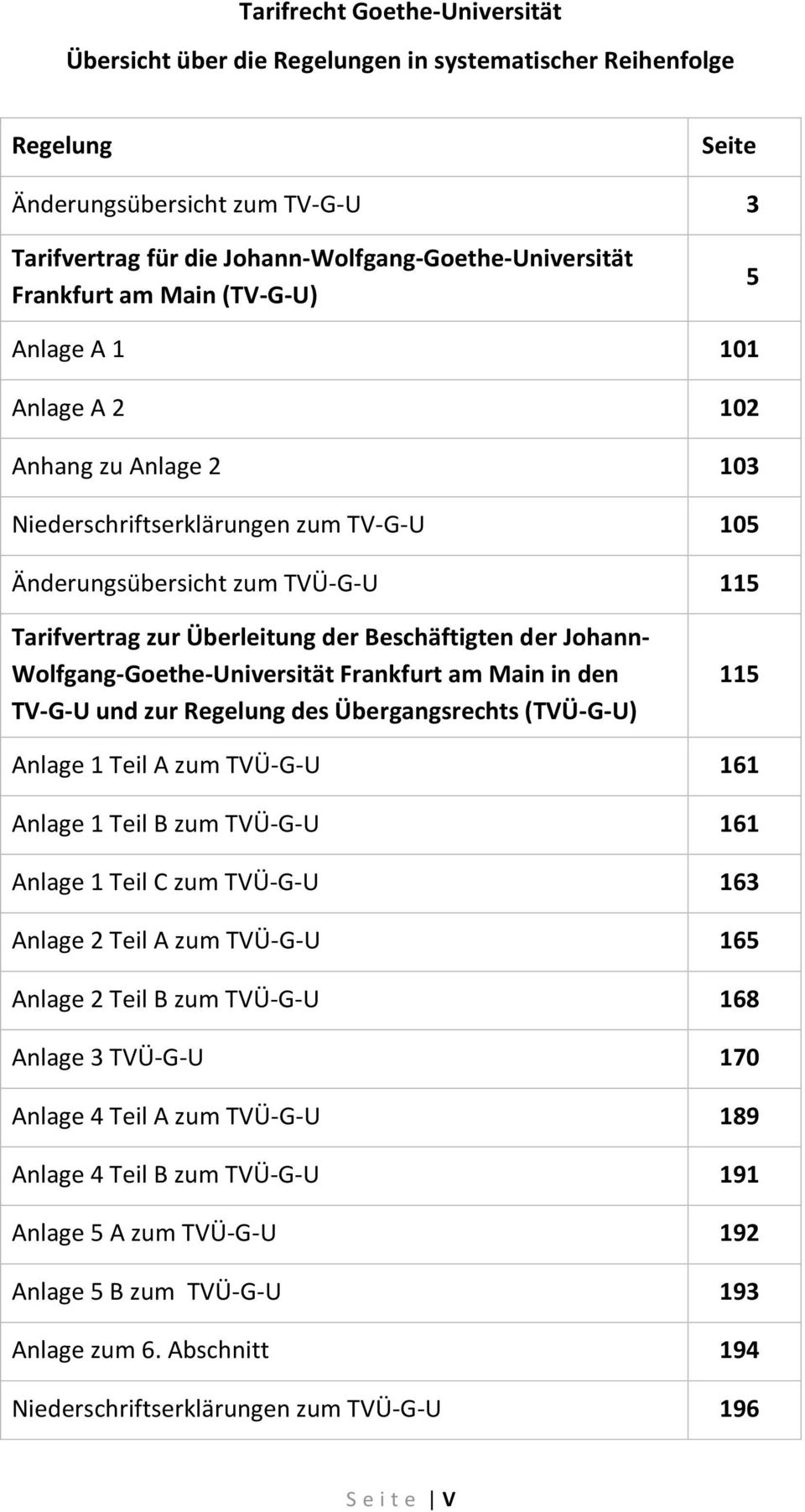 Beschäftigten der Johann- Wolfgang-Goethe-Universität Frankfurt am Main in den TV-G-U und zur Regelung des Übergangsrechts (TVÜ-G-U) 115 Anlage 1 Teil A zum TVÜ-G-U 161 Anlage 1 Teil B zum TVÜ-G-U