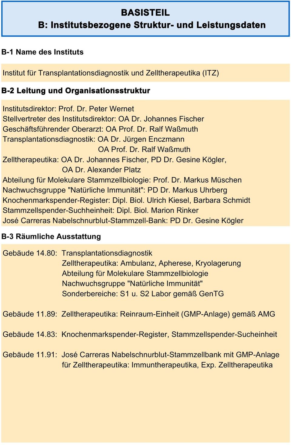 Johannes Fischer Geschäftsführender Oberarzt: OA Prof. Dr. Ralf Waßmuth Transplantationsdiagnostik: OA Dr. Jürgen Enczmann OA Prof. Dr. Ralf Waßmuth Zelltherapeutika: OA Dr. Johannes Fischer, PD Dr.