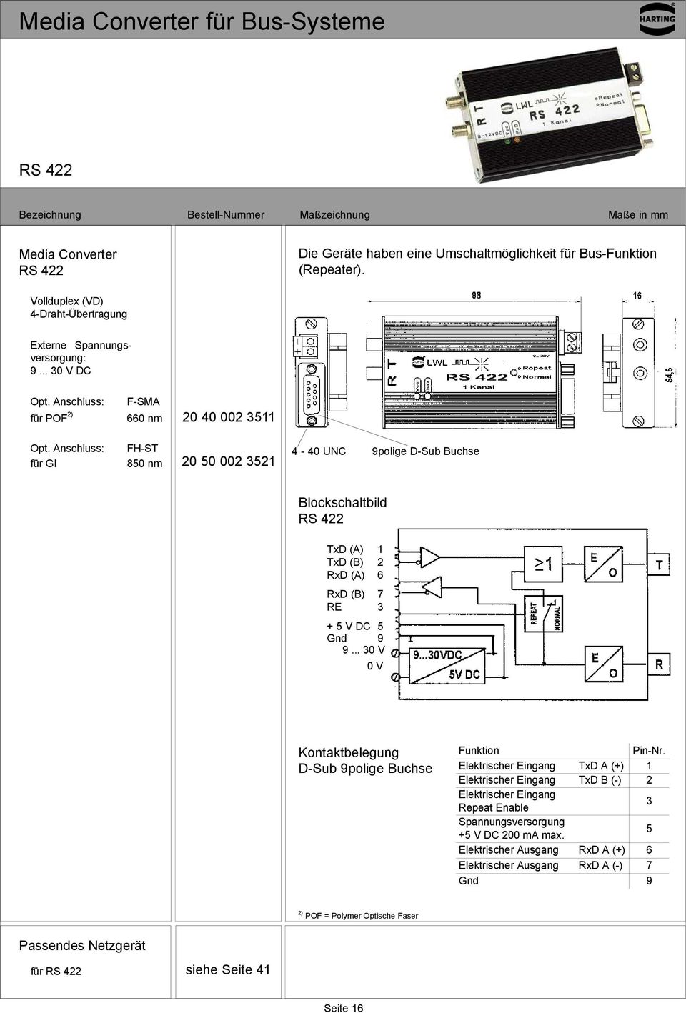 Anschluss: für GI FH-ST 850 nm 20 50 002 3521 4-40 UNC 9polige D-Sub Buchse Blockschaltbild RS 422 TxD (A) 1 TxD (B) 2 RxD (A) 6 RxD (B) 7 RE 3 + 5 V DC 5 Gnd 9. 9... 30 V.