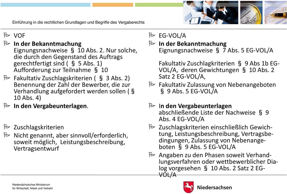 Zuschlagskriterien Nicht genannt, aber sinnvoll/erforderlich, soweit möglich, Leistungsbeschreibung, Vertragsentwurf EG-VOL/A In der Bekanntmachung Eignungsnachweise 7 Abs.