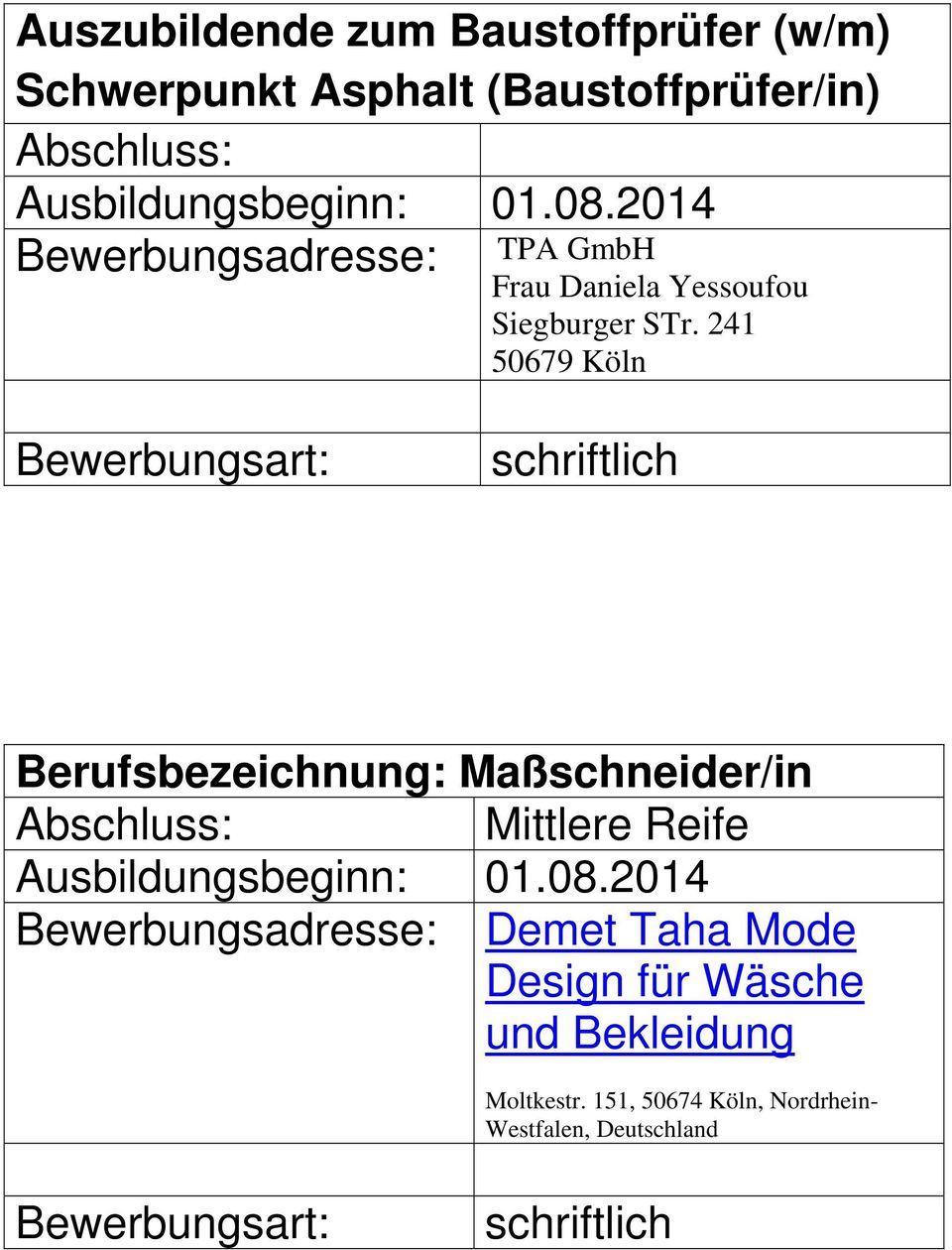 241 50679 Köln Berufsbezeichnung: Maßschneider/in Demet Taha Mode