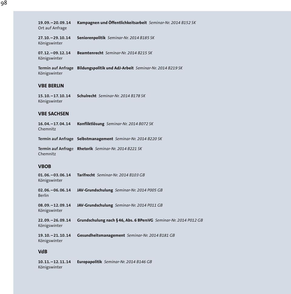 17. 04. 14 Konfliktlösung Seminar-Nr. 2014 B072 SK Chemnitz Termin auf Anfrage Selbstmanagement Seminar-Nr. 2014 B220 SK Termin auf Anfrage Rhetorik Seminar-Nr. 2014 B221 SK Chemnitz VBOB 01. 06. 03.