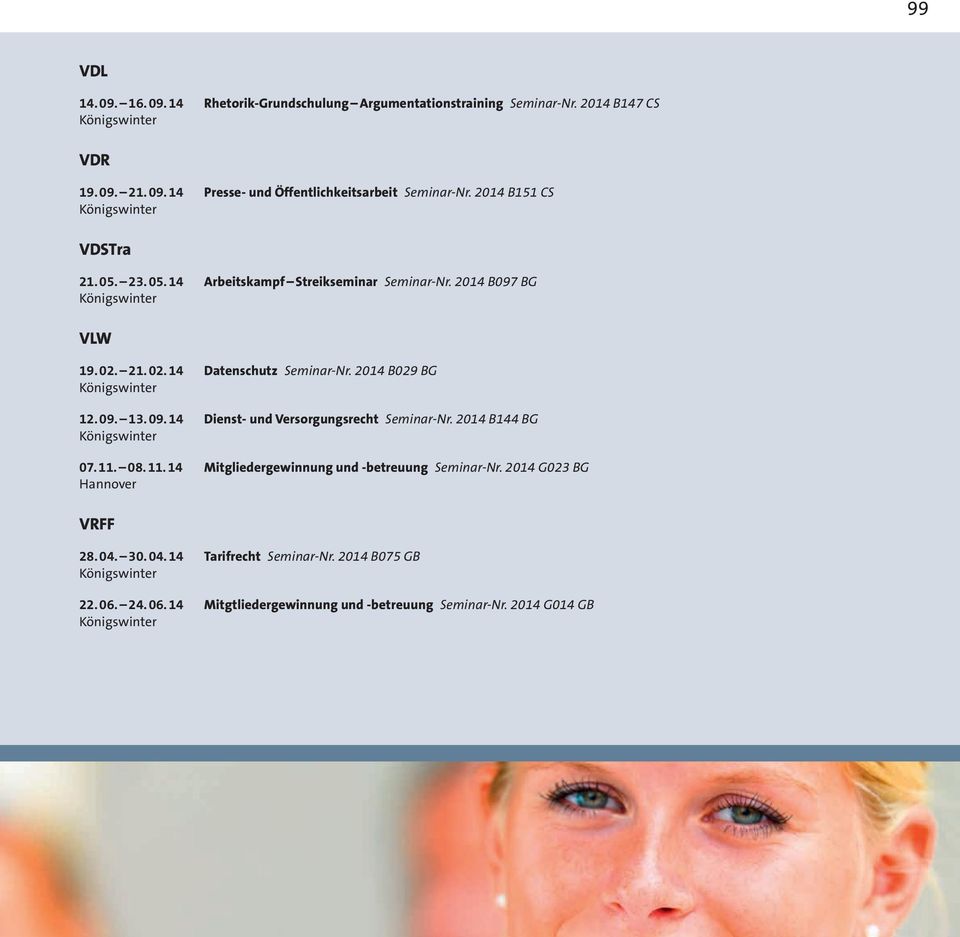 09. 13. 09. 14 Dienst- und Versorgungsrecht Seminar-Nr. 2014 B144 BG 07. 11. 08. 11. 14 Mitgliedergewinnung und -betreuung Seminar-Nr.