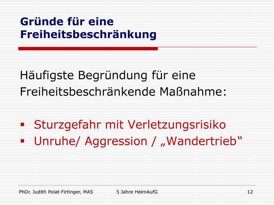 Sturzgefahr mit Verletzungsrisiko Unruhe/ Aggression /