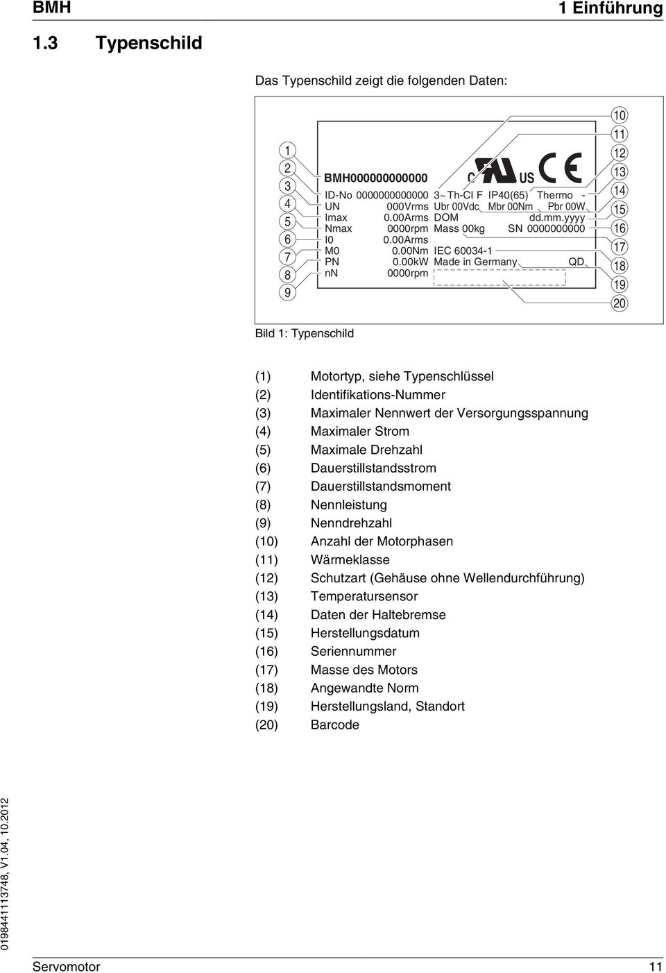 00kW Made in Germany QD 0000rpm 10 11 12 13 14 15 16 17 18 19 20 Bild 1: Typenschild (1) Motortyp, siehe Typenschlüssel (2) Identifikations-Nummer (3) Maximaler Nennwert der Versorgungsspannung (4)
