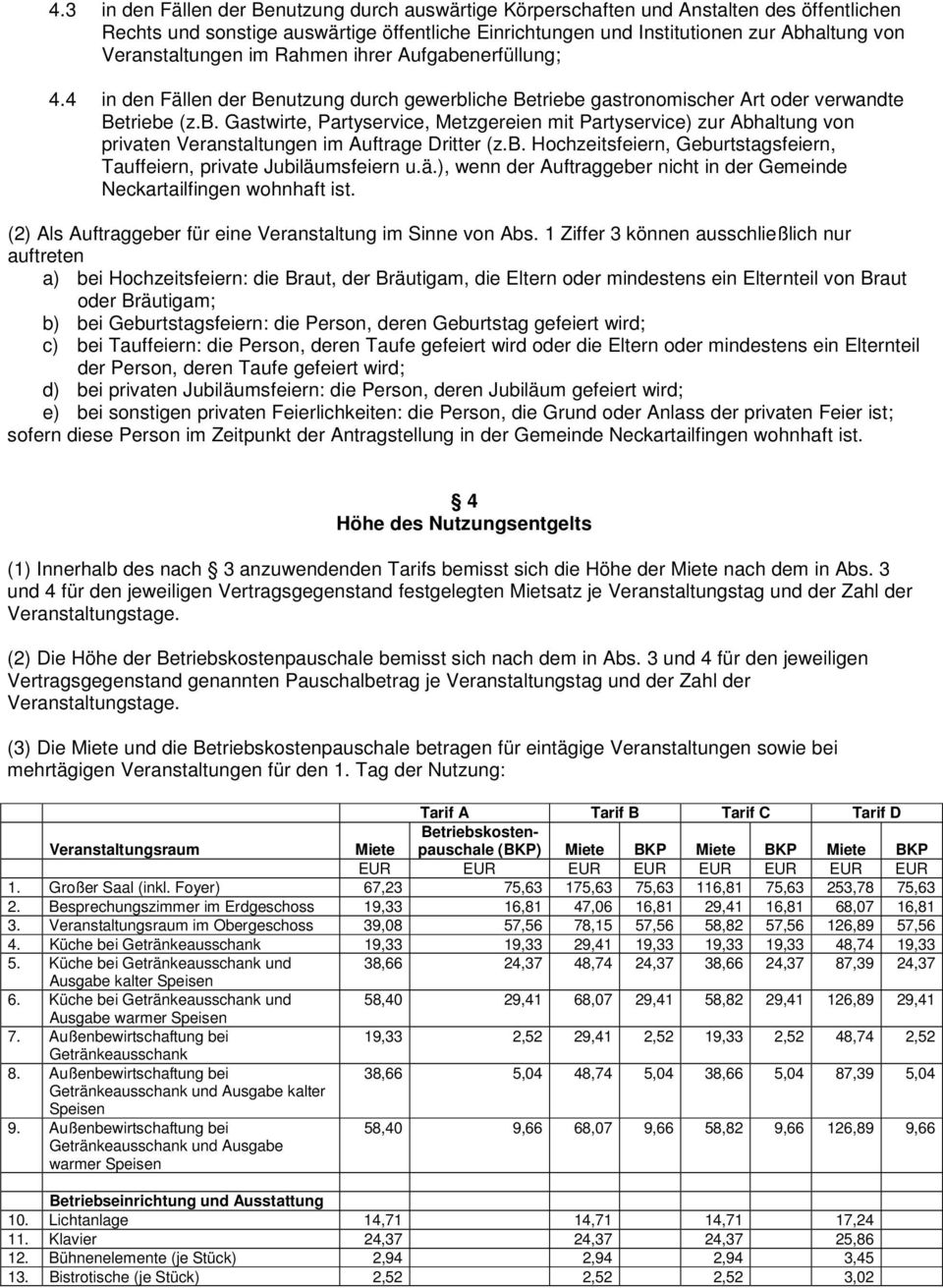 b. Hochzeitsfeiern, Geburtstagsfeiern, Tauffeiern, private Jubiläumsfeiern u.ä.), wenn der Auftraggeber nicht in der Gemeinde Neckartailfingen wohnhaft ist.