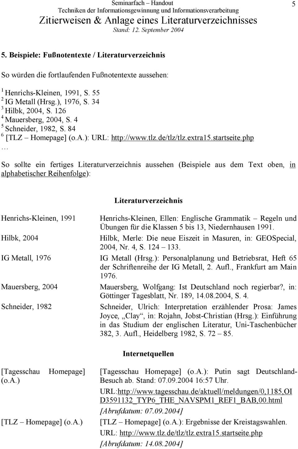 php So sollte ein fertiges Literaturverzeichnis aussehen (Beispiele aus dem Text oben, in alphabetischer Reihenfolge): Literaturverzeichnis Henrichs-Kleinen, 1991 Henrichs-Kleinen, Ellen: Englische