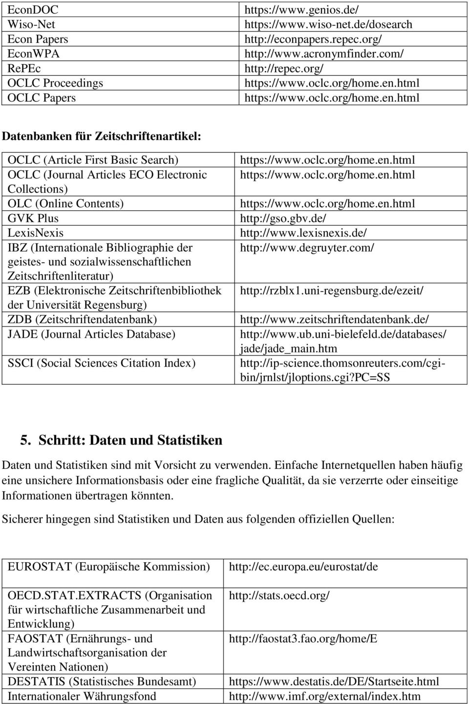 Bibliographie der geistes- und sozialwissenschaftlichen Zeitschriftenliteratur) EZB (Elektronische Zeitschriftenbibliothek der Universität Regensburg) ZDB (Zeitschriftendatenbank) JADE (Journal