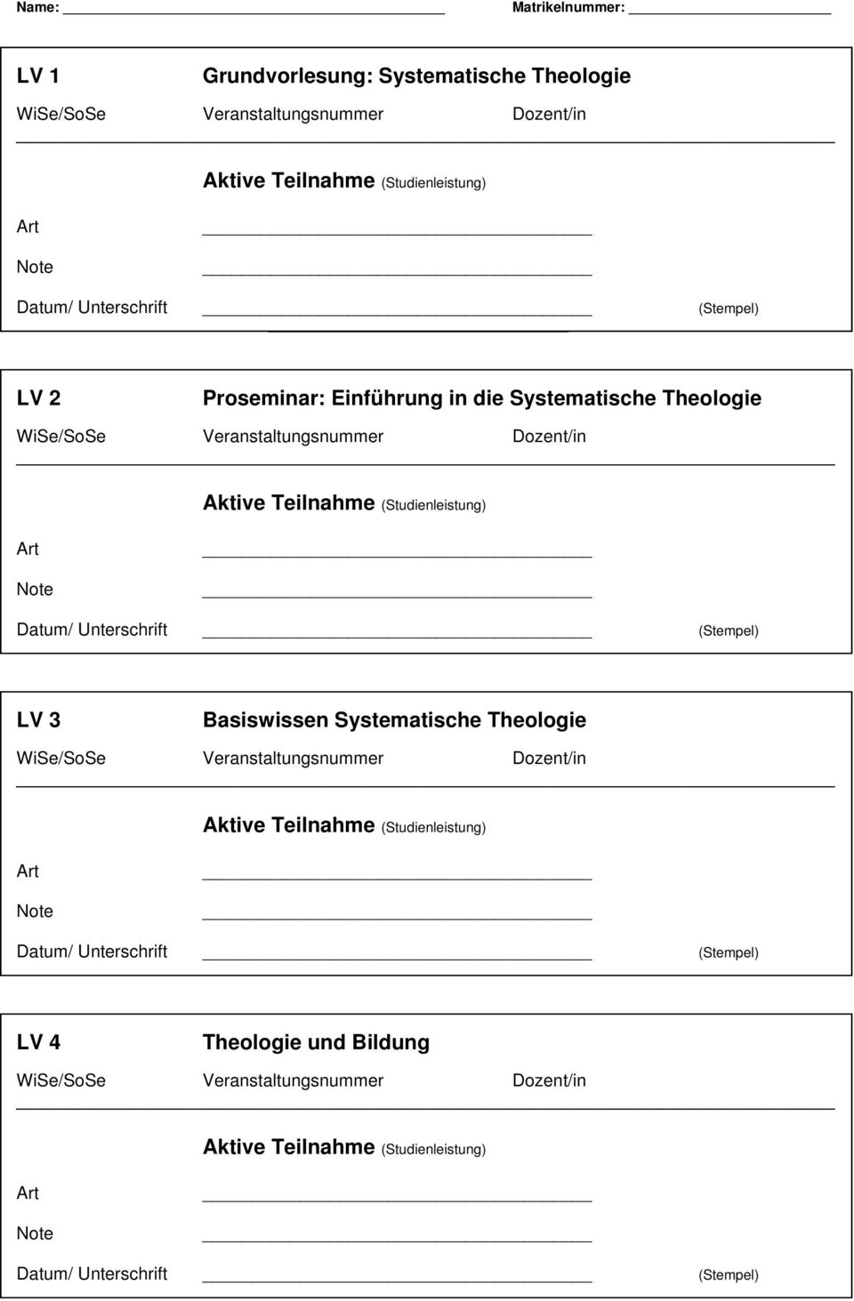 Theologie Datum/ Unterschrift (Stempel) LV 3 Basiswissen Systematische
