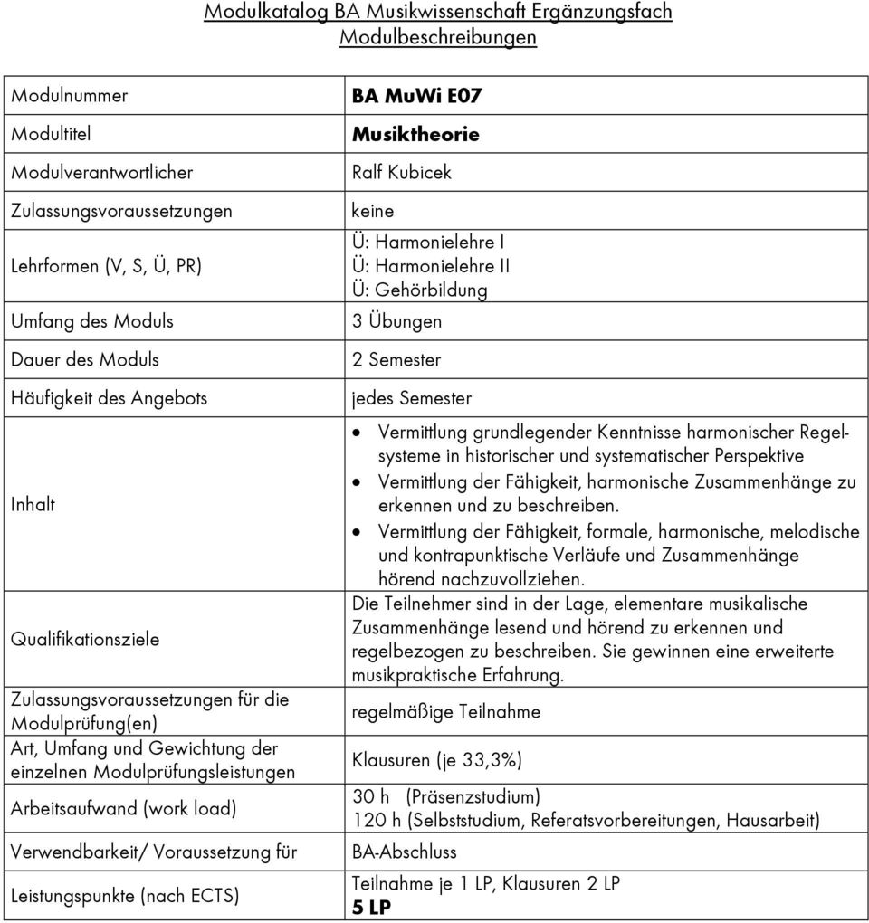 harmonische Zusammenhänge zu erkennen und zu beschreiben. Vermittlung der Fähigkeit, formale, harmonische, melodische und kontrapunktische Verläufe und Zusammenhänge hörend nachzuvollziehen.