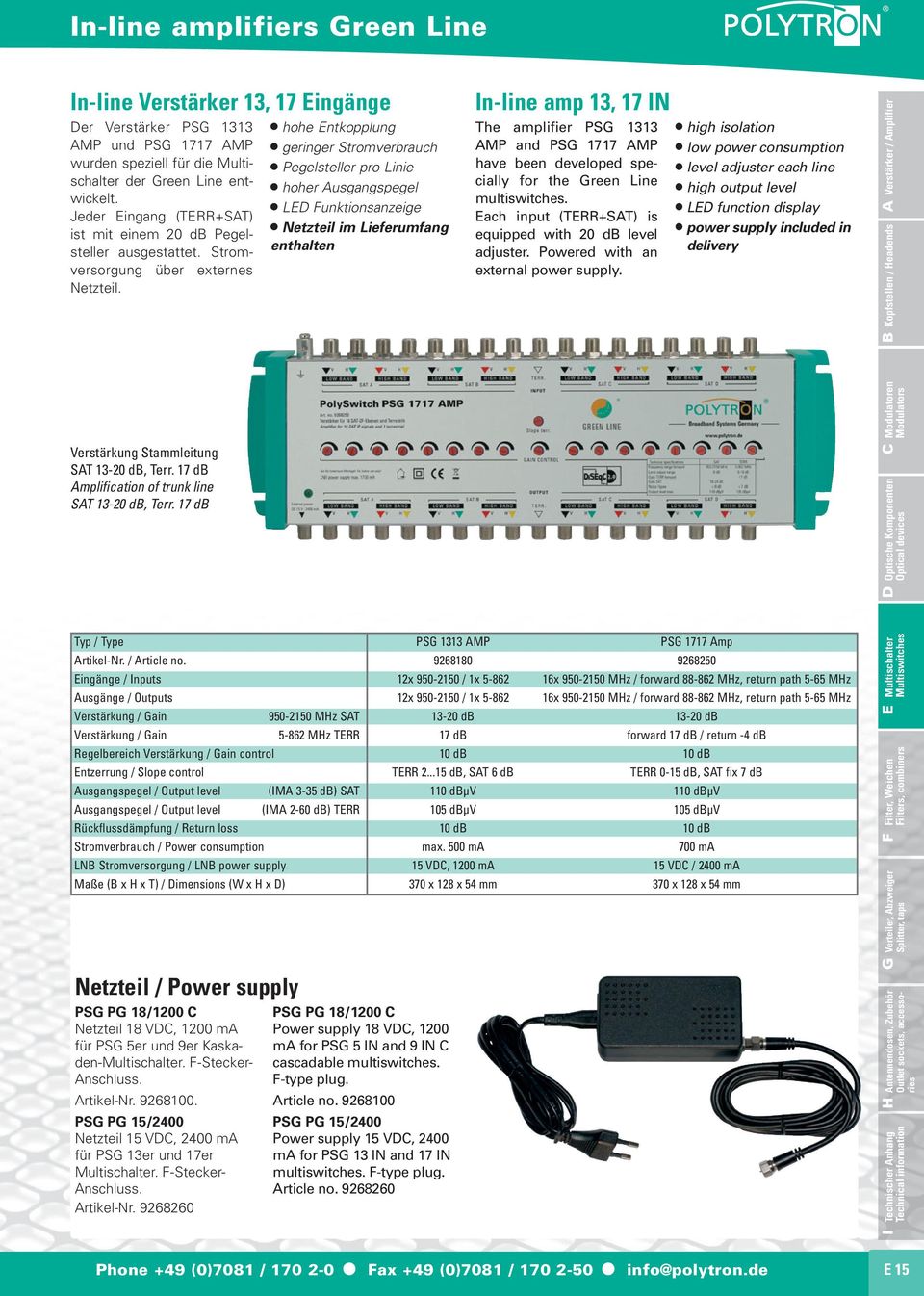 hohe Entkopplung geringer Stromverbrauch Pegelsteller pro Linie hoher Ausgangspegel LED Funktionsanzeige Netzteil im Lieferumfang enthalten In-line amp 13, 17 IN The amplifier PSG 1313 AMP and PSG