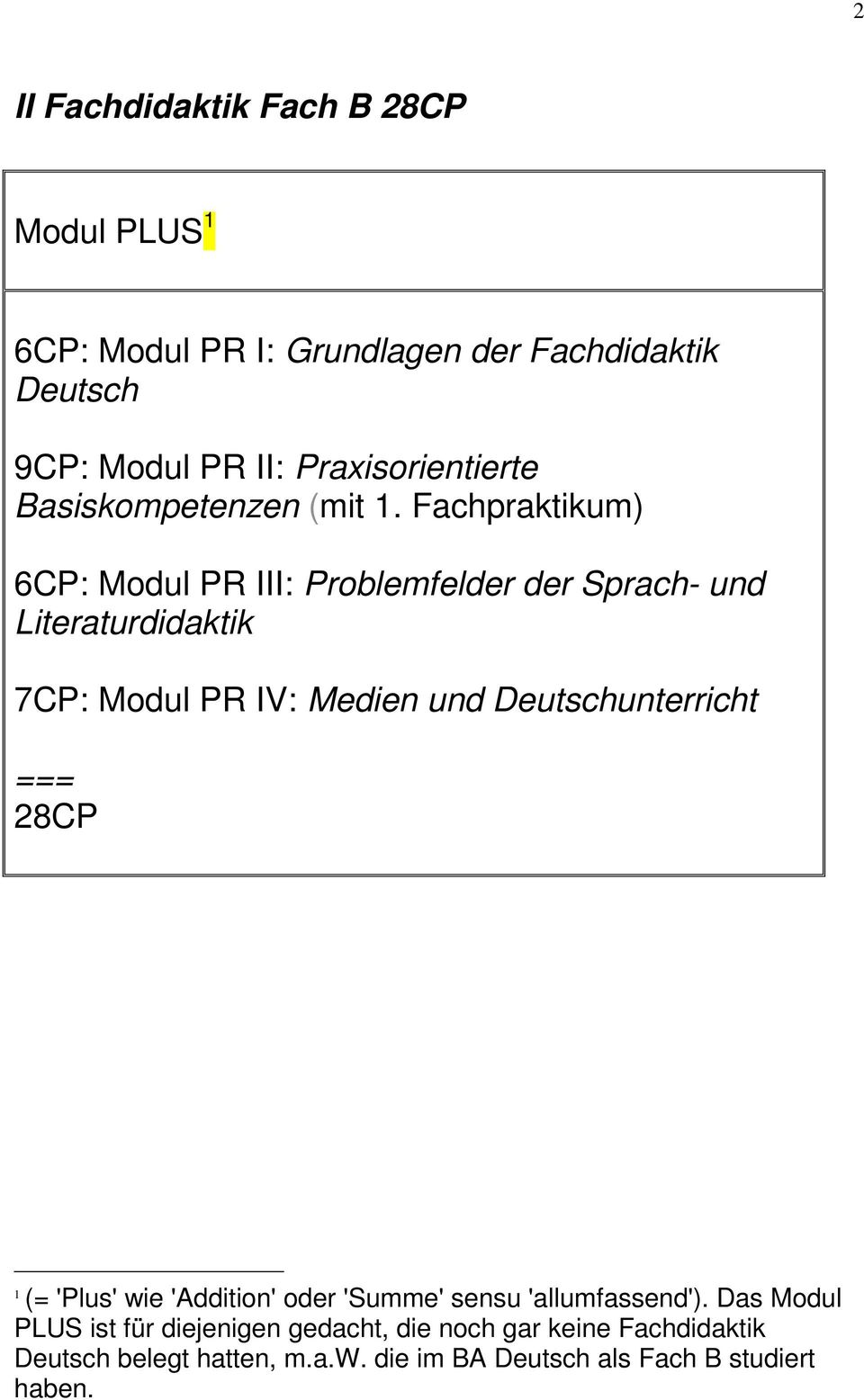 Fachpraktikum) 6CP: Modul PR III: Problemfelder der Sprach- und Literaturdidaktik 7CP: Modul PR IV: Medien und