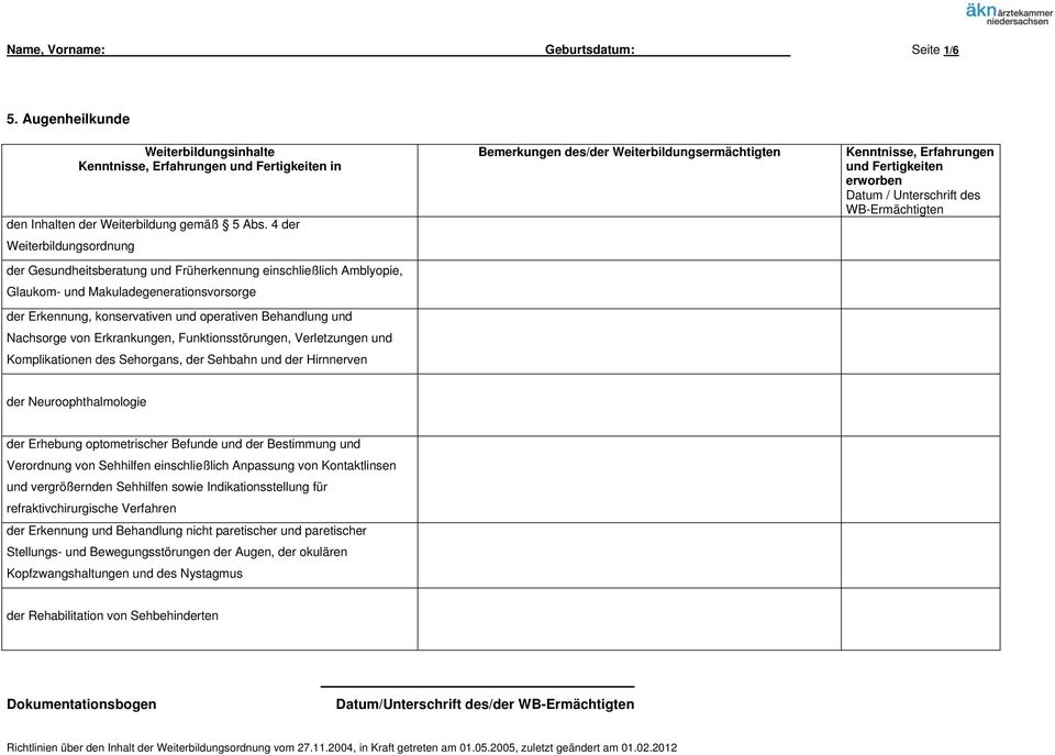 Nachsorge von Erkrankungen, Funktionsstörungen, Verletzungen und Komplikationen des Sehorgans, der Sehbahn und der Hirnnerven Datum / Unterschrift des der Neuroophthalmologie der Erhebung