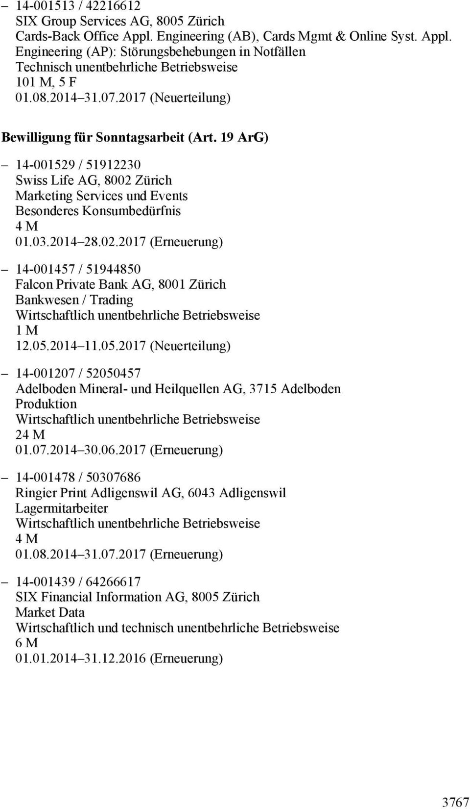 Zürich Marketing Services und Events Besonderes Konsumbedürfnis 4 M 01.03.2014 28.02.2017 (Erneuerung) 14-001457 / 51944850 Falcon Private Bank AG, 8001 Zürich Bankwesen / Trading 1 M 12.05.2014 11.