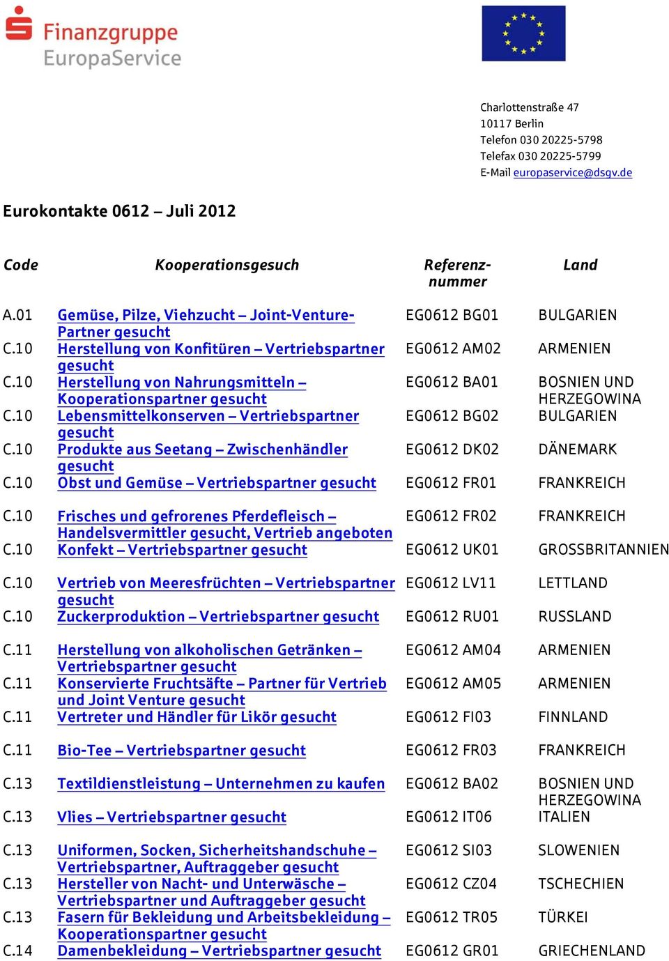 10 Herstellung von Nahrungsmitteln Kooperationspartner EG0612 BA01 BOSNIEN UND C.10 Lebensmittelkonserven Vertriebspartner EG0612 BG02 BULGARIEN C.