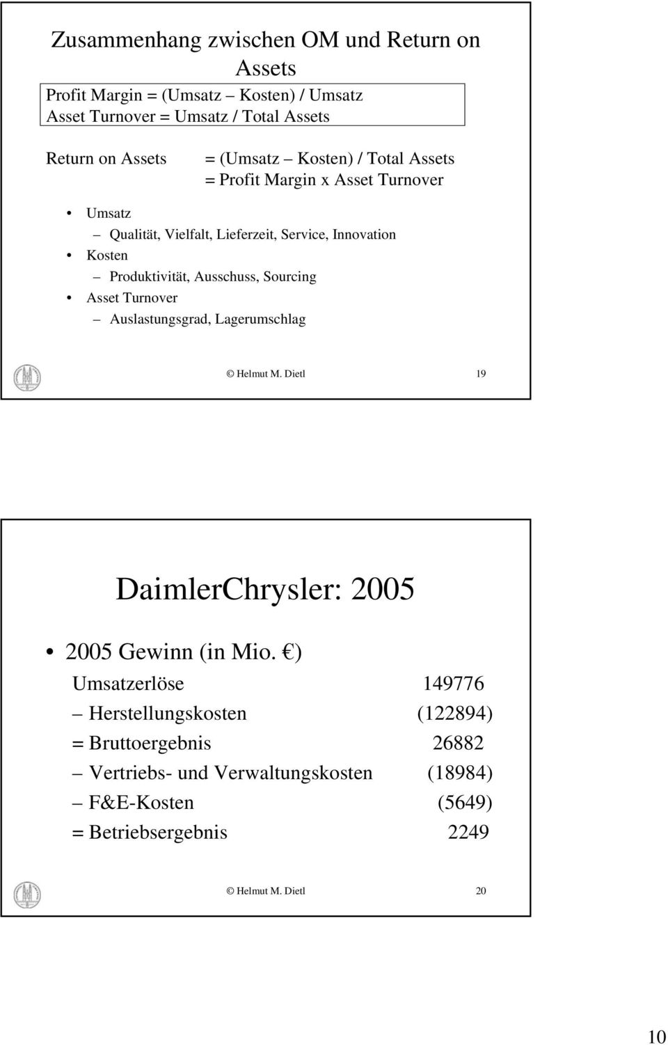 Ausschuss, Sourcing Asset Turnover Auslastungsgrad, Lagerumschlag Helmut M. Dietl 19 DaimlerChrysler: 2005 2005 Gewinn (in Mio.